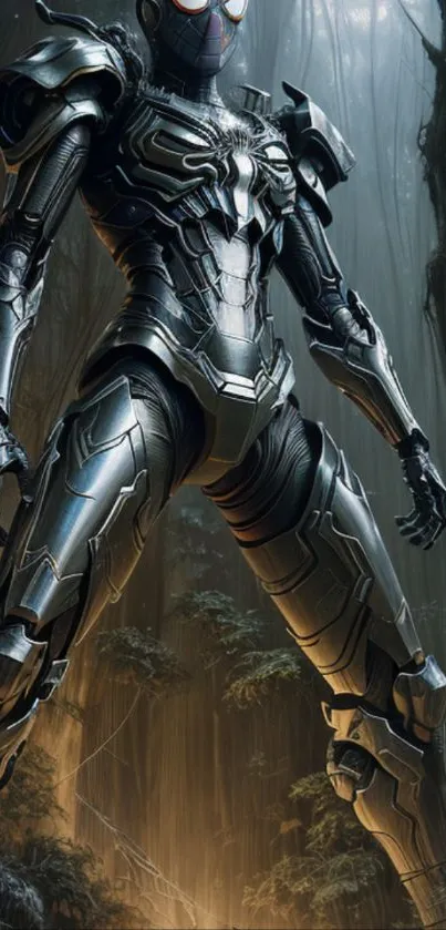 Futuristic armored figure in a mystic forest setting.