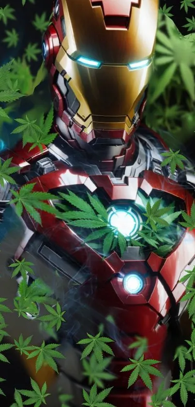 Futuristic red and gold armor with green leaves wallpaper.