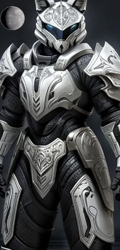 Futuristic armored figure on mobile wallpaper with sleek design.