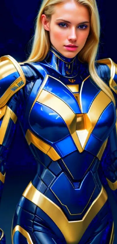 Blonde woman in futuristic blue and gold armor, posing confidently.