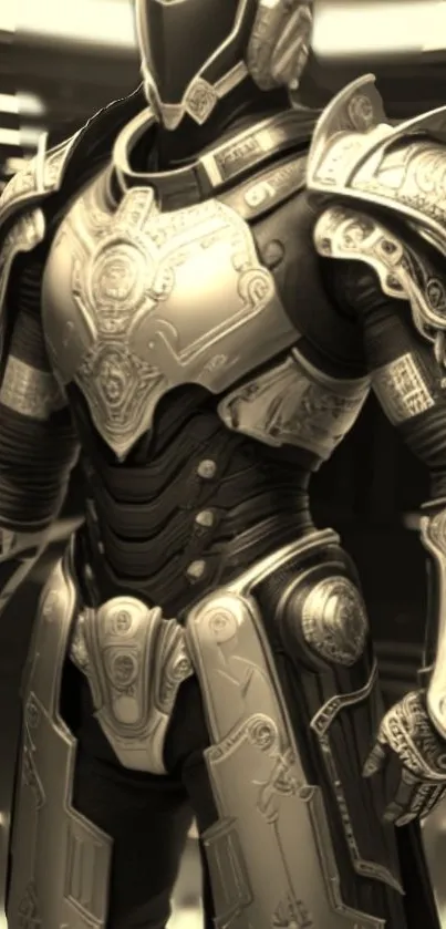 Futuristic metallic armor design wallpaper with intricate details.