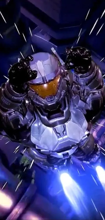 Futuristic armored character with a purple background in motion.