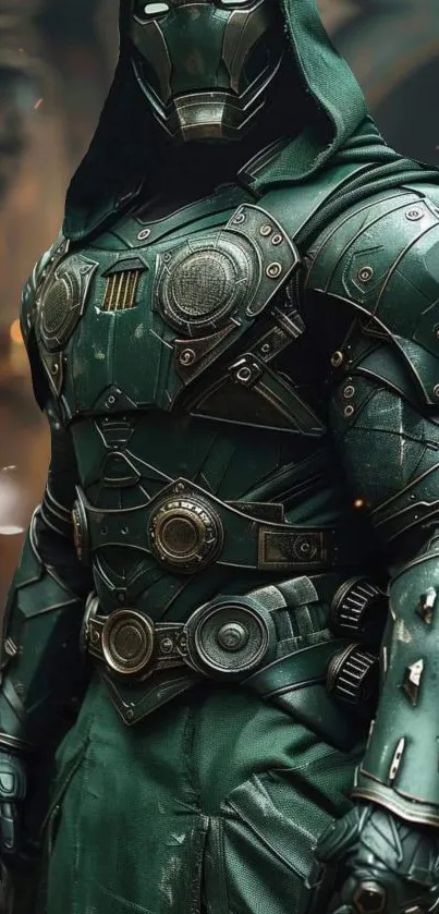 Futuristic armor in dark green hues with intricate metallic designs on wallpaper.