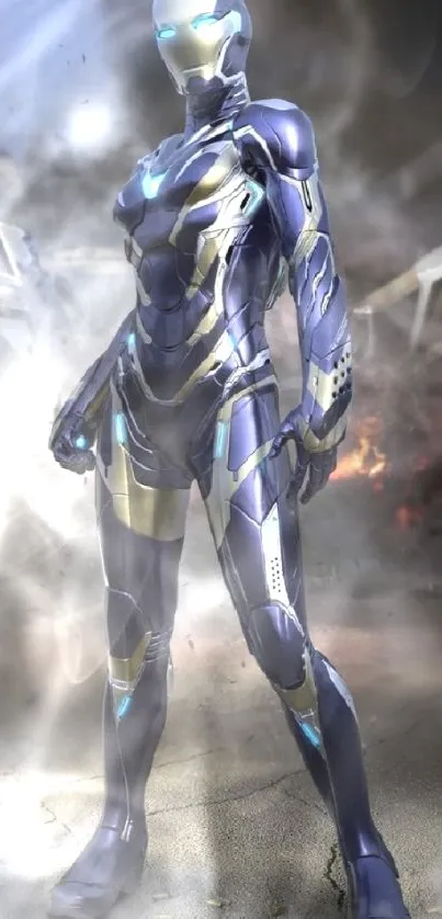 Futuristic superhero in metallic armor with blue accents on a dynamic background.