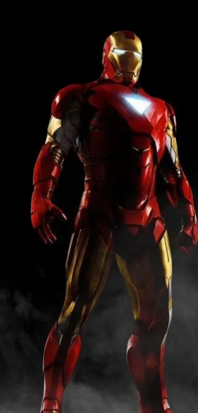 Futuristic red armor suit on a dark background.