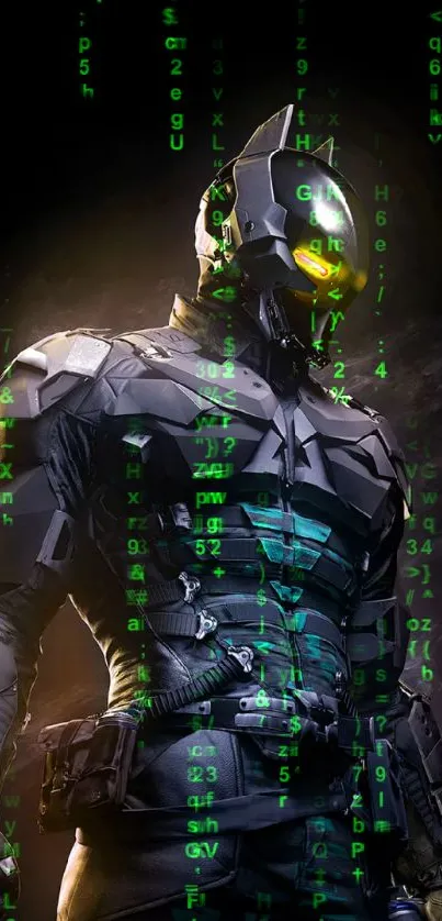 Futuristic superhero in dark armor with neon accents wallpaper.