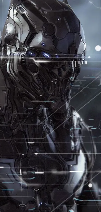 Futuristic dark armored figure in sleek design for mobile wallpaper.