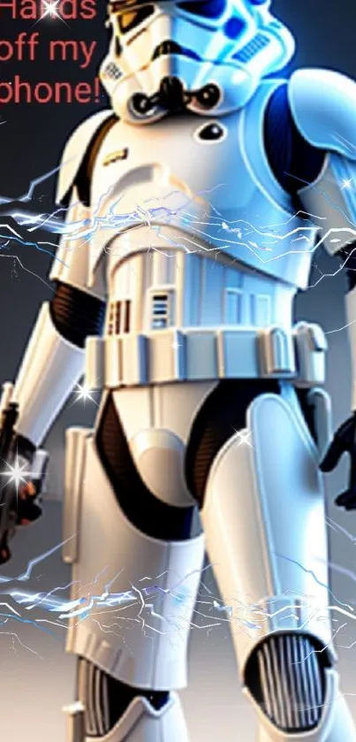 Futuristic armored figure with lightning effects on a phone wallpaper.