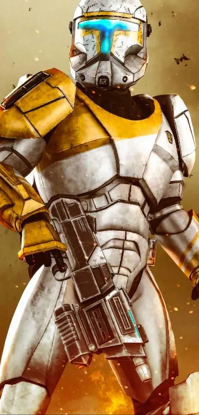 Futuristic armored soldier in action scene with yellow accents.