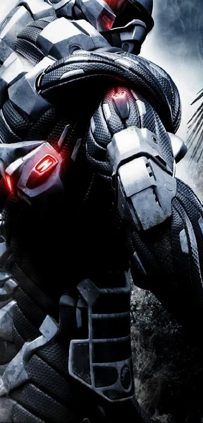 Futuristic armor with dark tones and red accents on a mobile wallpaper.