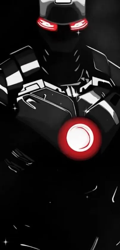 Futuristic armored figure with glowing red eyes on a dark background.