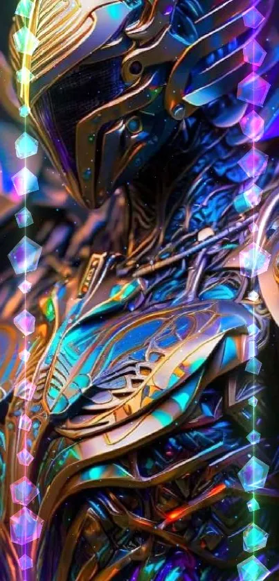 Futuristic metallic armor with vibrant colors mobile wallpaper.