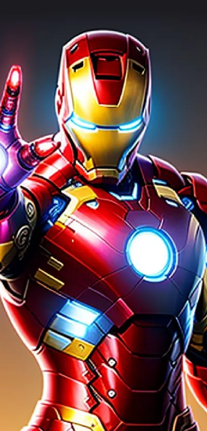 Futuristic armor design with glowing lights in a vibrant mobile wallpaper.