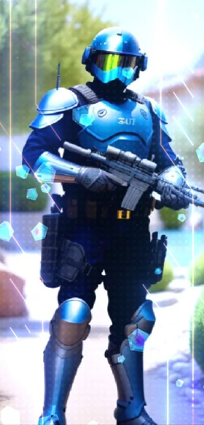 Futuristic armored figure with blue suit and high-tech gear.