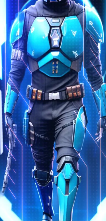 Futuristic blue armored warrior with digital background, perfect for mobile.