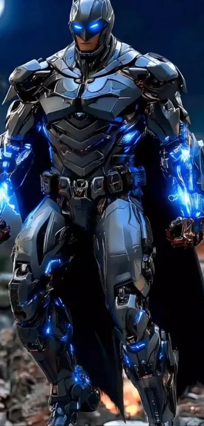 Futuristic armored warrior in blue light.