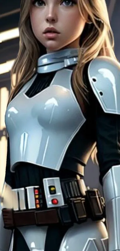 Futuristic character in silver armor with sleek tech design.