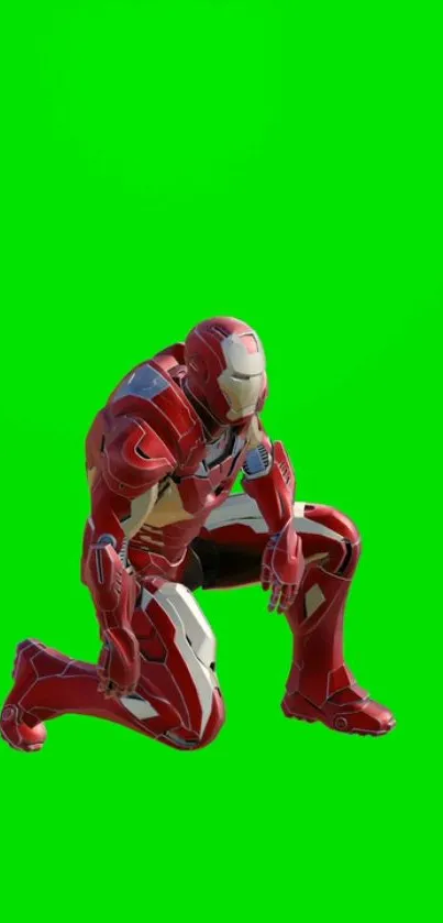 Futuristic armored figure kneeling on vibrant green background wallpaper.