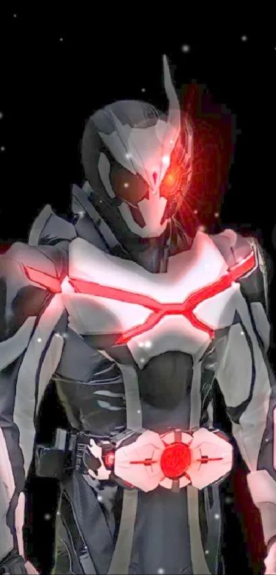 Futuristic robotic knight with glowing red features on black background.