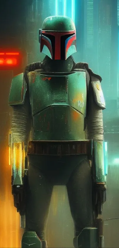 Futuristic green armored figure with neon lights in urban setting.