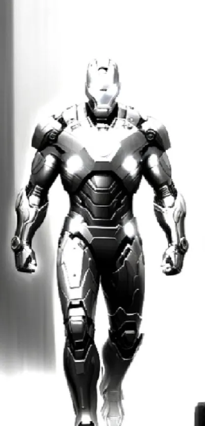 Futuristic armor figure in monochrome design with sleek, high-tech aesthetic.