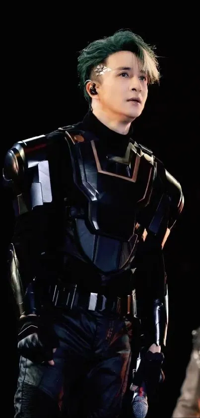 Person in futuristic armor with dark background on phone wallpaper.