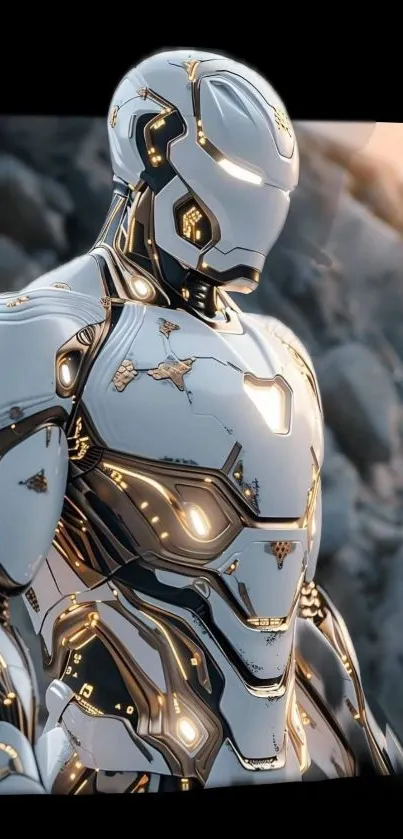 Futuristic armor with metallic finish on phone wallpaper