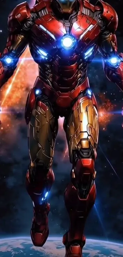 Futuristic armor hero in cosmic scene