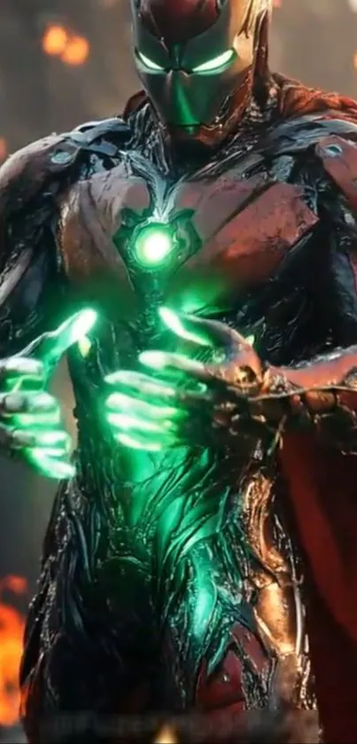 A futuristic superhero with glowing armor and green energy hands.