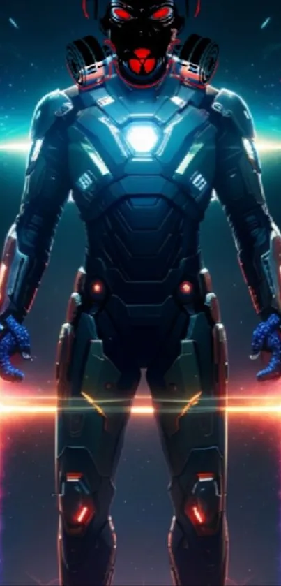 Futuristic armored figure with neon lights in sci-fi wallpaper.