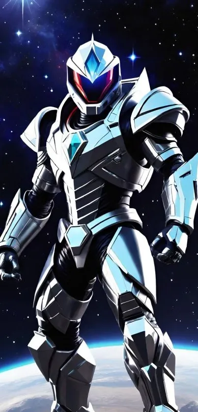 Armored warrior in space setting with galaxy backdrop.