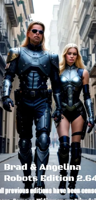 Futuristic armored duo walking through a modern city street scene.