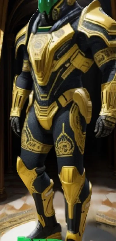 Futuristic armor with gold details in a sci-fi setting.