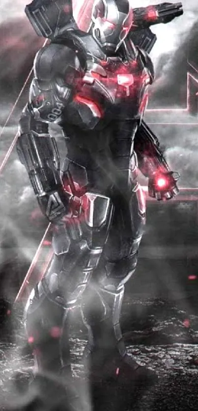 Futuristic warrior in armor with red accents on a dark background.