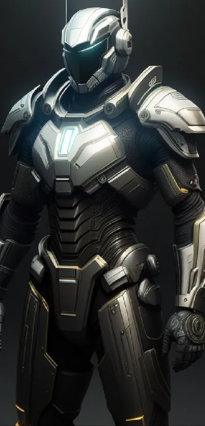 Futuristic armored warrior in sleek, metallic design with blue accents on wallpaper.