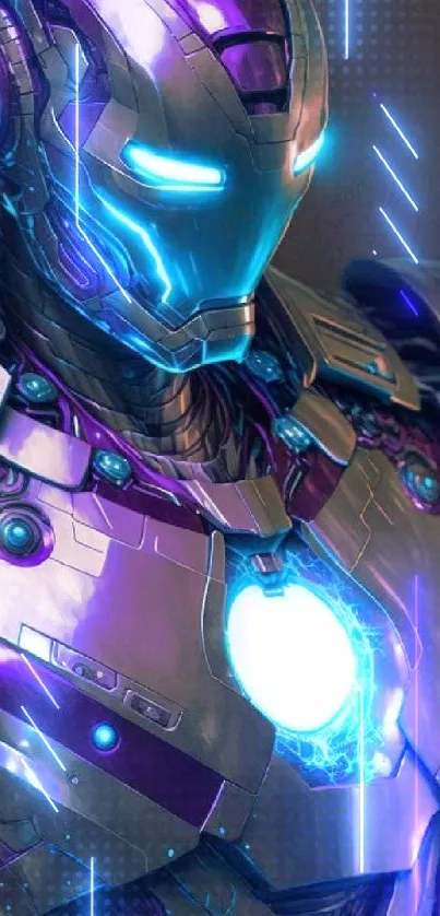 Futuristic armor with neon purple and blue glow.