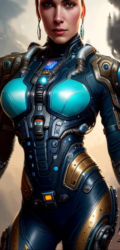 Futuristic woman in blue and gold armor with a sci-fi background.