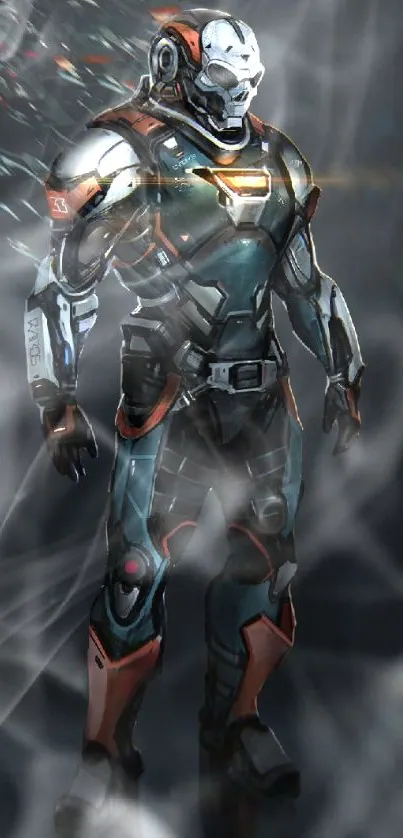 Futuristic cyborg with armored suit and digital effects.