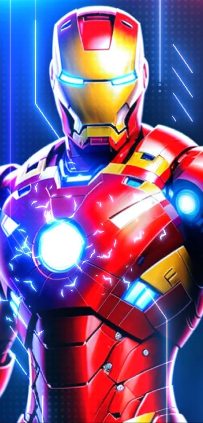 Vibrant futuristic armored hero with glowing blue lights on a red theme.