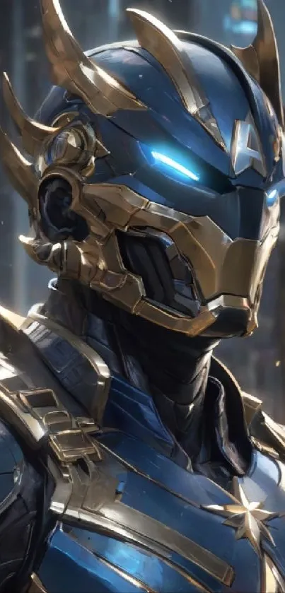 Futuristic warrior in blue and gold armor.