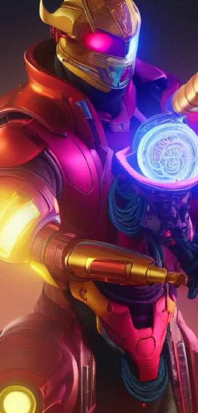 Colorful futuristic armored hero with vibrant light effects.