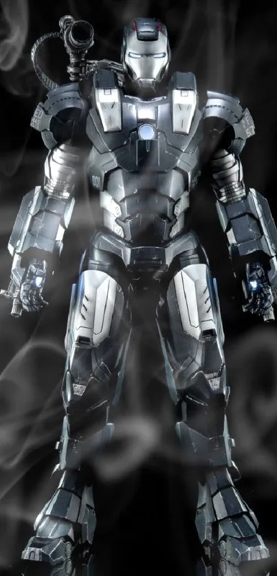 Futuristic armored hero in black metallic suit.