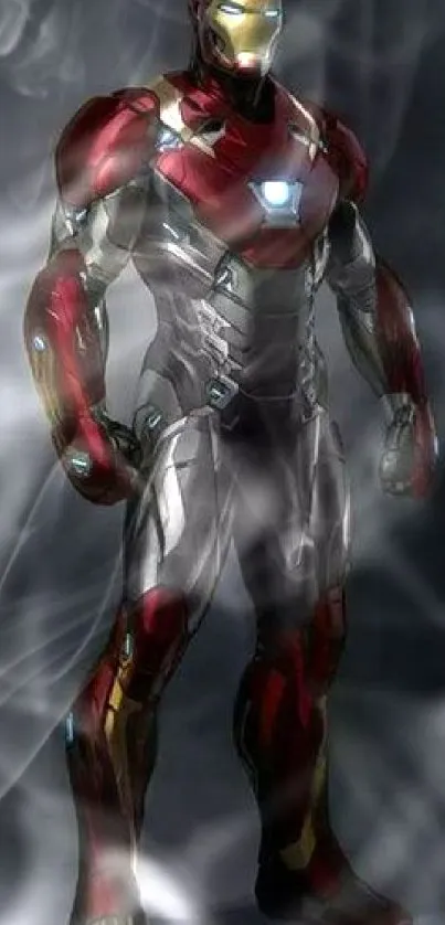 Futuristic armored hero in red and silver.