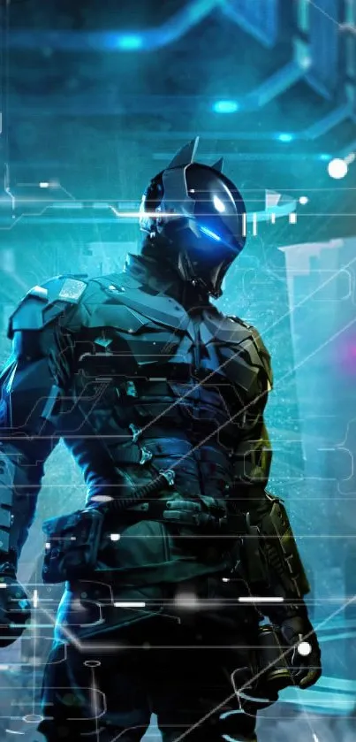 Futuristic armored hero in blue-lit cityscape.