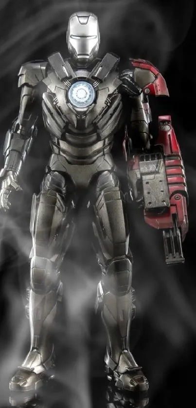 War machine-inspired futuristic superhero on a black background.