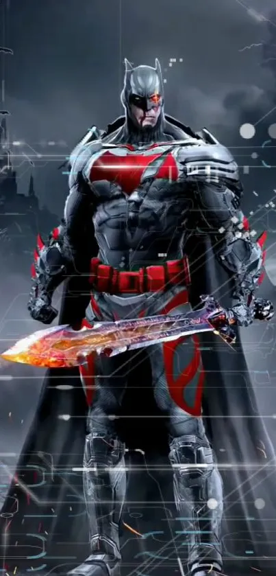 Futuristic superhero with sword in stormy backdrop