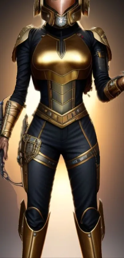 Futuristic character in golden armor with sci-fi theme for mobile wallpaper.