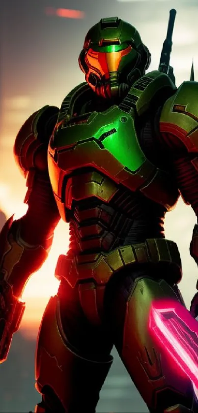 Epic futuristic hero in green armor with neon accents, standing boldly.