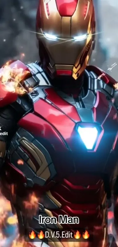 Iron Man in red and gold armor with glowing arc reactor.