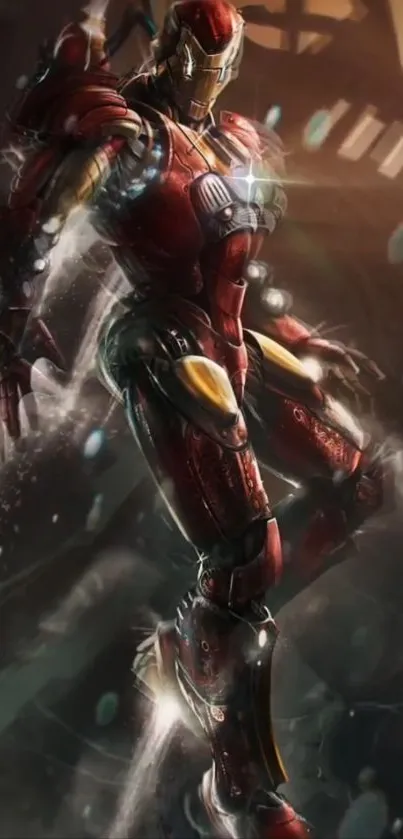 Futuristic armored hero in action pose.